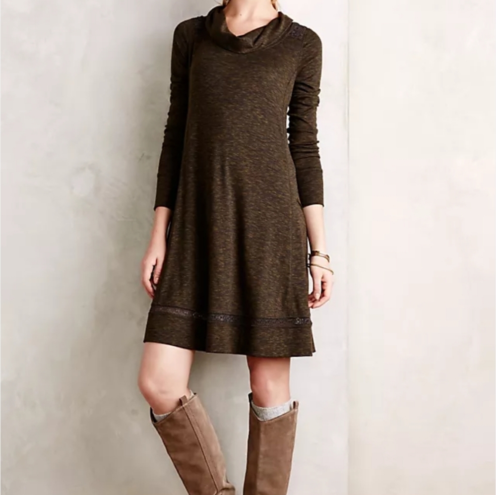 Anthropologie Olive Green Long-Sleeve A-Line Dress